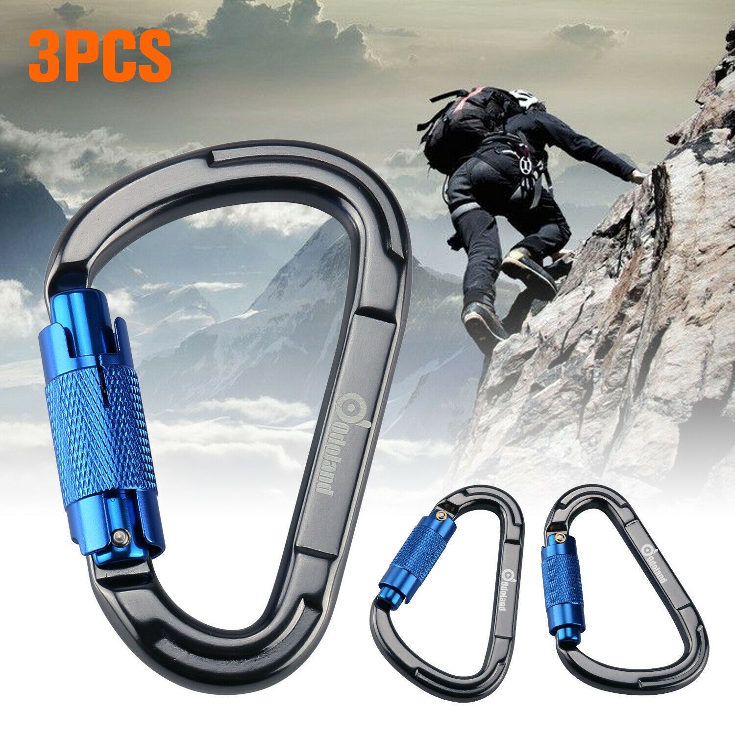 3-Pack Heavy Duty Auto Locking D-Shaped Rock Climbing Carabiner Clips - Your Adventure Essential