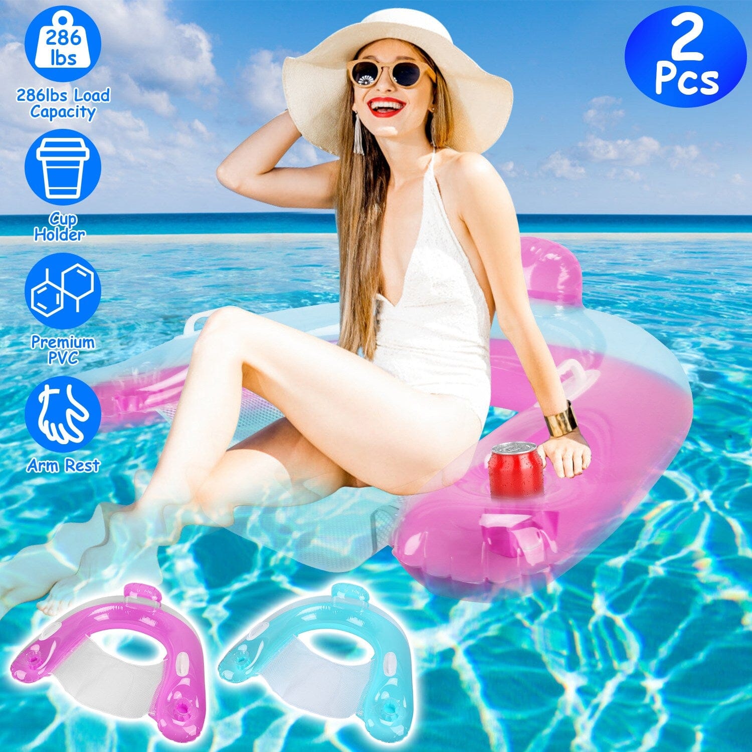 Double Delight: Inflatable Pool Float Chairs with Cup Holders and Armrests
