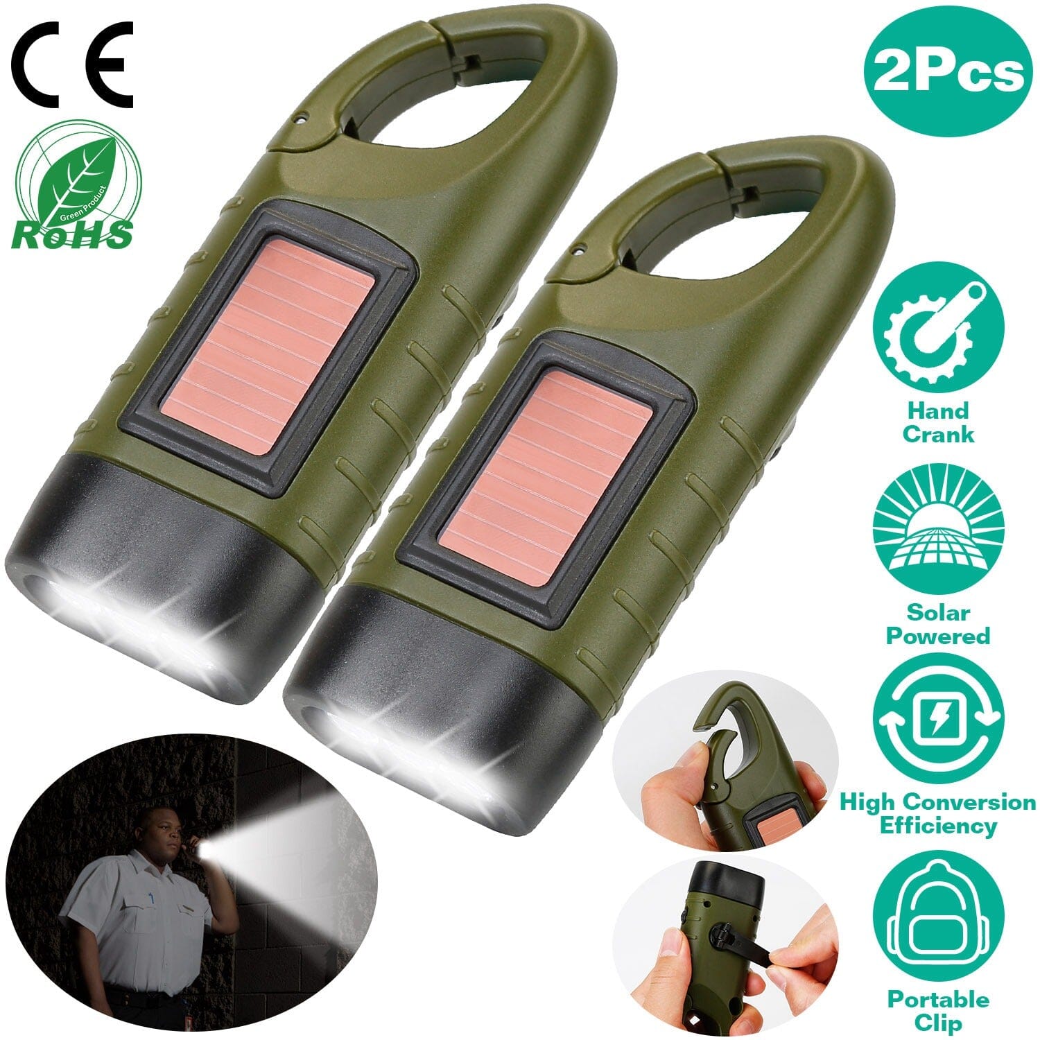 Powerful 2-Pack Hand Crank Solar Flashlights - Never Be in the Dark!
