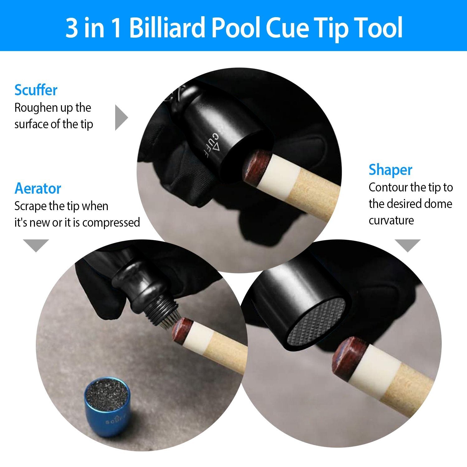 The Ultimate 3-in-1 Snooker Pool Cue Tip Tool